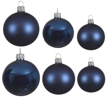 Decoris Glazen kerstballen pakket donkerblauw glans/mat 16x stuks diverse maten - Kerstbal