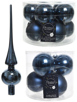 Decoris Glazen kerstballen pakket donkerblauw glans/mat 32x stuks inclusief piek glans - Kerstbal