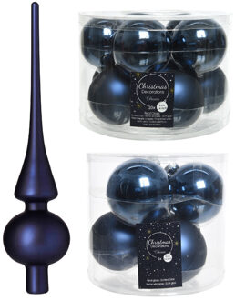 Decoris Glazen kerstballen pakket donkerblauw glans/mat 32x stuks inclusief piek mat - Kerstbal