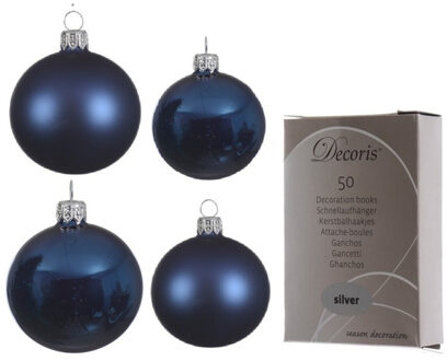 Decoris Glazen kerstballen pakket donkerblauw glans/mat 38x stuks 4 en 6 cm inclusief haakjes - Kerstbal