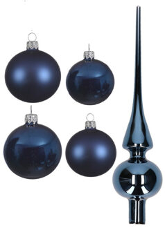 Decoris Glazen kerstballen pakket donkerblauw glans/mat 38x stuks 4 en 6 cm met piek glans - Kerstbal