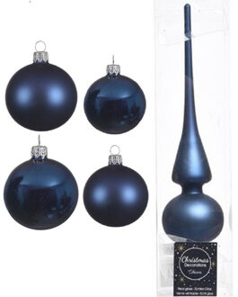 Decoris Glazen kerstballen pakket donkerblauw glans/mat 38x stuks 4 en 6 cm met piek mat - Kerstbal