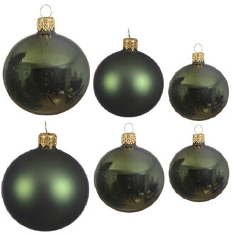 Decoris Glazen kerstballen pakket donkergroen glans/mat 16x stuks diverse maten - Kerstbal