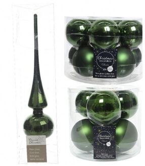 Decoris Glazen kerstballen pakket donkergroen glans/mat 32x stuks inclusief piek glans