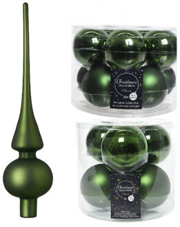 Decoris Glazen kerstballen pakket donkergroen glans/mat 32x stuks inclusief piek mat