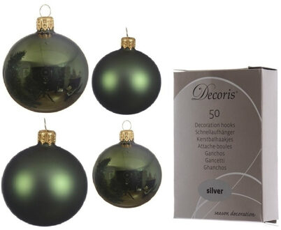 Decoris Glazen kerstballen pakket donkergroen glans/mat 38x stuks 4 en 6 cm inclusief haakjes - Kerstbal