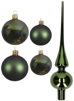 Decoris Glazen kerstballen pakket donkergroen glans/mat 38x stuks 4 en 6 cm met piek glans