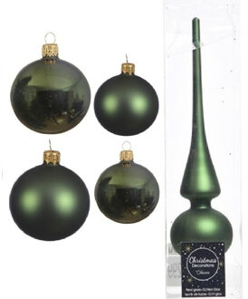 Decoris Glazen kerstballen pakket donkergroen glans/mat 38x stuks 4 en 6 cm met piek mat - Kerstbal