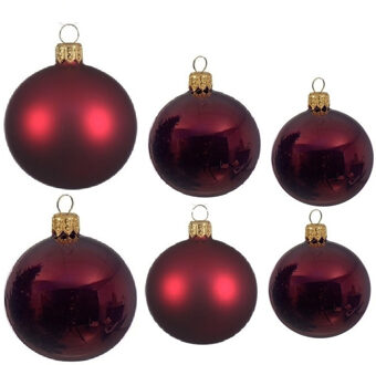 Decoris Glazen kerstballen pakket donkerrood glans/mat 16x stuks diverse maten - Kerstbal