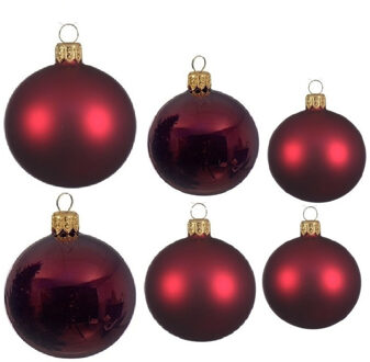 Decoris Glazen kerstballen pakket donkerrood glans/mat 16x stuks diverse maten - Kerstbal