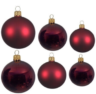 Decoris Glazen kerstballen pakket donkerrood glans/mat 26x stuks diverse maten - Kerstbal