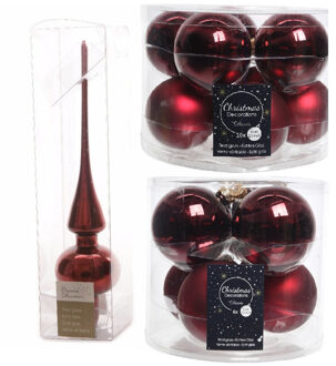 Decoris Glazen kerstballen pakket donkerrood glans/mat 32x stuks inclusief piek glans - Kerstbal