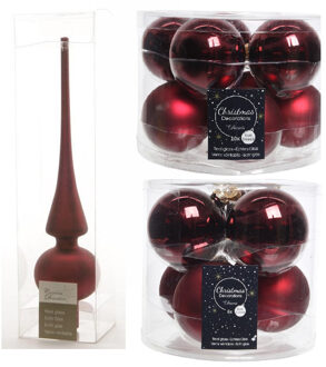 Decoris Glazen kerstballen pakket donkerrood glans/mat 32x stuks inclusief piek mat - Kerstbal