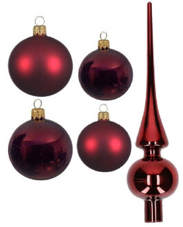 Decoris Glazen kerstballen pakket donkerrood glans/mat 38x stuks 4 en 6 cm met piek glans