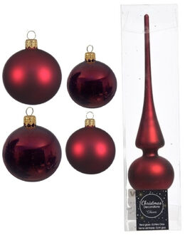 Decoris Glazen kerstballen pakket donkerrood glans/mat 38x stuks 4 en 6 cm met piek mat - Kerstbal