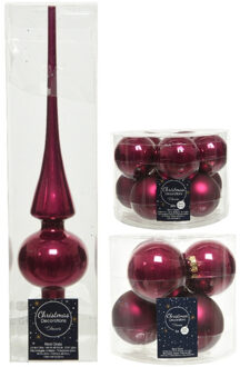 Decoris Glazen kerstballen pakket framboos roze glans/mat 32x stuks inclusief piek glans - Kerstbal