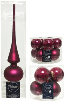 Decoris Glazen kerstballen pakket framboos roze glans/mat 32x stuks inclusief piek mat - Kerstbal