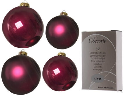 Decoris Glazen kerstballen pakket framboos roze glans/mat 38x stuks 4 en 6 cm inclusief haakjes - Kerstbal