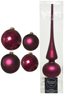 Decoris Glazen kerstballen pakket framboos roze glans/mat 38x stuks 4 en 6 cm met piek mat - Kerstbal