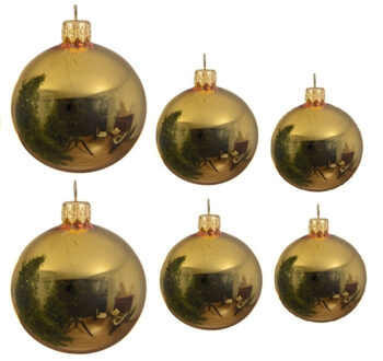 Decoris Glazen kerstballen pakket goud glans 16x stuks diverse maten - Kerstbal Goudkleurig