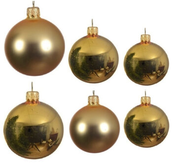 Decoris Glazen kerstballen pakket goud glans/mat 16x stuks diverse maten - Kerstbal Goudkleurig