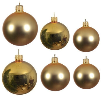 Decoris Glazen kerstballen pakket goud glans/mat 16x stuks diverse maten - Kerstbal Goudkleurig