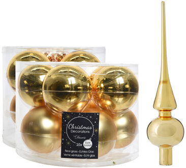 Decoris Glazen kerstballen pakket goud glans/mat 32x stuks inclusief piek glans - Kerstbal Goudkleurig