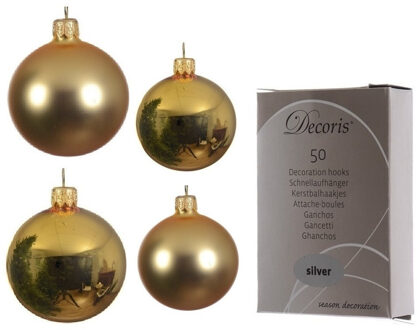 Decoris Glazen kerstballen pakket goud glans/mat 38x stuks 4 en 6 cm inclusief haakjes - Kerstbal Goudkleurig