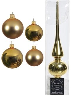 Decoris Glazen kerstballen pakket goud glans/mat 38x stuks 4 en 6 cm met piek glans - Kerstbal Goudkleurig