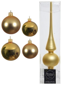 Decoris Glazen kerstballen pakket goud glans/mat 38x stuks 4 en 6 cm met piek mat - Kerstbal Multikleur