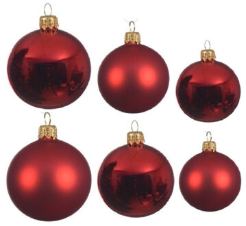 Decoris Glazen kerstballen pakket kerstrood glans/mat 16x stuks diverse maten