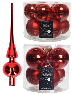 Decoris Glazen kerstballen pakket kerstrood glans/mat 32x stuks inclusief piek glans - Kerstbal