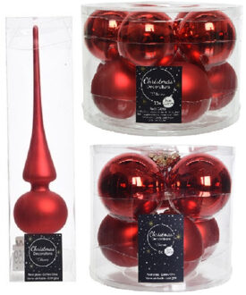 Decoris Glazen kerstballen pakket kerstrood glans/mat 32x stuks inclusief piek mat - Kerstbal