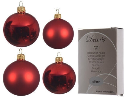 Decoris Glazen kerstballen pakket kerstrood glans/mat 38x stuks 4 en 6 cm inclusief haakjes