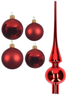 Decoris Glazen kerstballen pakket kerstrood glans/mat 38x stuks 4 en 6 cm met piek glans