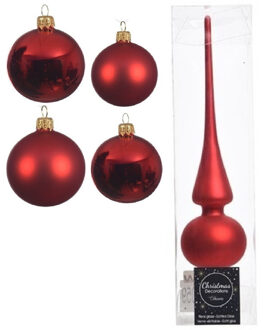 Decoris Glazen kerstballen pakket kerstrood glans/mat 38x stuks 4 en 6 cm met piek mat - Kerstbal