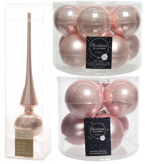 Decoris Glazen kerstballen pakket lichtroze glans/mat 32x stuks inclusief piek glans