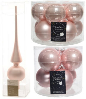 Decoris Glazen kerstballen pakket lichtroze glans/mat 32x stuks inclusief piek mat