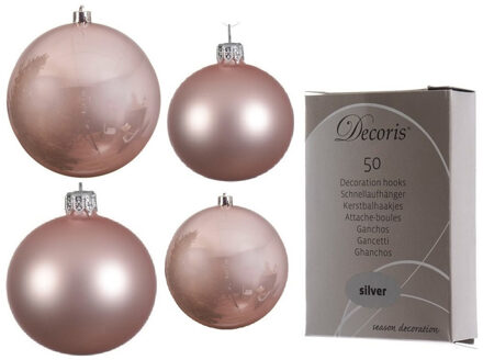 Decoris Glazen kerstballen pakket lichtroze glans/mat 38x stuks 4 en 6 cm inclusief haakjes - Kerstbal