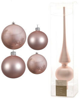 Decoris Glazen kerstballen pakket lichtroze glans/mat 38x stuks 4 en 6 cm met piek mat - Kerstbal