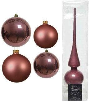 Decoris Glazen kerstballen pakket oud roze glans/mat 38x stuks 4 en 6 cm met piek glans - Kerstbal