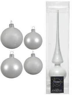 Decoris Glazen kerstballen pakket winter wit glans/mat 38x stuks 4 en 6 cm met piek glans - Kerstbal