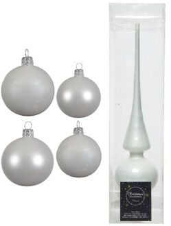Decoris Glazen kerstballen pakket winter wit glans/mat 38x stuks 4 en 6 cm met piek glans