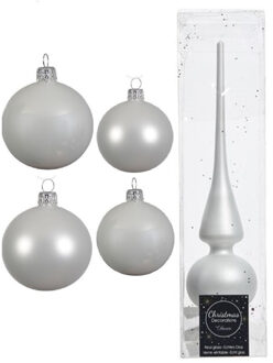 Decoris Glazen kerstballen pakket winter wit glans/mat 38x stuks 4 en 6 cm met piek mat - Kerstbal