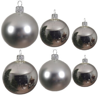 Decoris Glazen kerstballen pakket zilver glans/mat 16x stuks diverse maten - Kerstbal Zilverkleurig