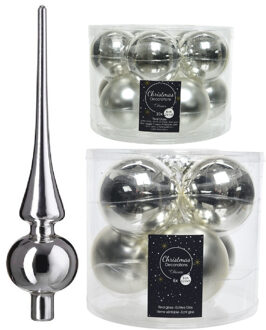 Decoris Glazen kerstballen pakket zilver glans/mat 32x stuks inclusief piek glans - Kerstbal Zilverkleurig