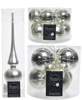 Decoris Glazen kerstballen pakket zilver glans/mat 32x stuks inclusief piek mat