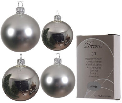 Decoris Glazen kerstballen pakket zilver glans/mat 38x stuks 4 en 6 cm inclusief haakjes - Kerstbal Zilverkleurig