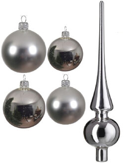 Decoris Glazen kerstballen pakket zilver glans/mat 38x stuks 4 en 6 cm met piek glans - Kerstbal Zilverkleurig