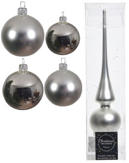 Decoris Glazen kerstballen pakket zilver glans/mat 38x stuks 4 en 6 cm met piek mat - Kerstbal Zilverkleurig